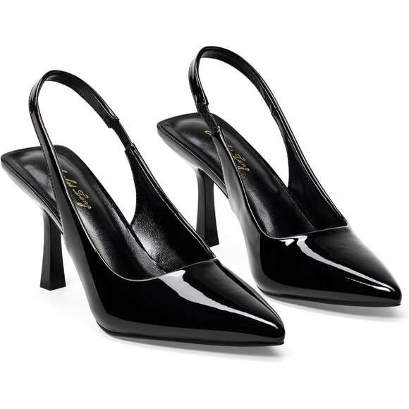 Women Black Patent Satin Pointed Closed Toe Slingback Mid Heels Stiletto Pumps - Picture 3 of 9